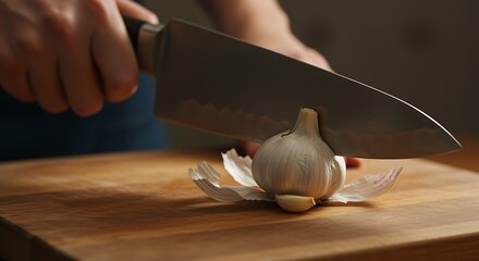 Preparing Garlic on Wooden Cutting Board