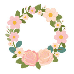 A round frame of spring flowers and leaves, composed of large blooms and greenery. Clean vector illustration isolated on a white background.