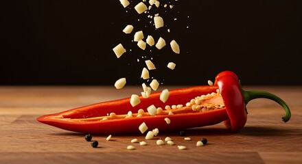 Red chili pepper on wooden table with seeds and pieces falling down