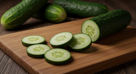 sliced cucumbers on a wooden cutting board with whole cucumbers