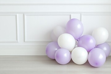 Cluster of lavender and white balloons fastened and hovering softly