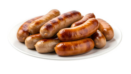 Cooked sausages on a plate with a glossy, appetizing look, isolated on white or transparent background, perfect for food menus, culinary ads, and comfort meal visuals. PNG format.