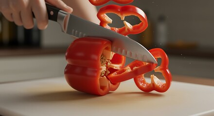 Slicing Red Bell Pepper on Cutting Board