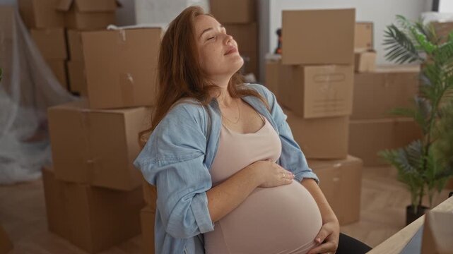 Pregnant woman gently holds her belly inside a building amid stacked cardboard boxes and moving supplies; serenity.