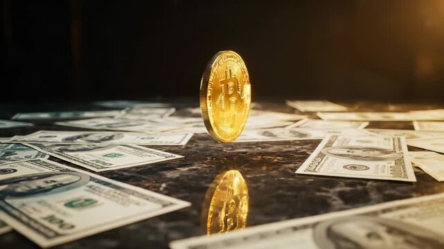 Bitcoin coin stands on table surrounded by dollar bills. Golden bitcoin with money shows cryptocurrency investment. Bitcoin and dollar bills display finance. Crypto coin with cash money on table.