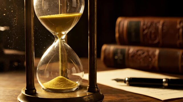 Golden sand flows through hourglass on desk. Vintage timer measures time near books. Hourglass with golden sand on wooden table. Time passes through glass timer. Books and pen beside vintage hourglass