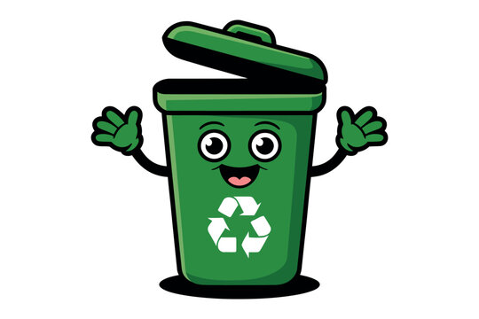 A cheerful cartoon recycling bin with a smiling face and open lid