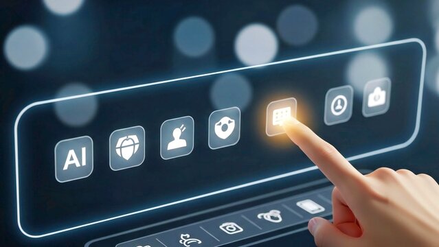 Minimalist AI Dashboard UI with Glowing Icons and Finger Selection on Soft Background - Powered by Adobe
