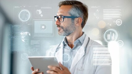 Mature medical doctor using a digital tablet with a futuristic holographic interface, analyzing patient data and medical records in a modern hospital hallway with advanced healthcare technology - Powered by Adobe