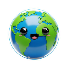 Cartoon Earth planet with happy face in bright studio lighting on white background for childrens education.