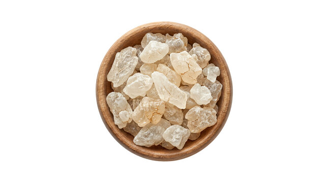 Tragacanth Gum (Astragalus gummifer) Crystals in Wooden Bowl, Top View