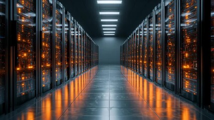 4K Modern data center interior with rows of server racks and glowing orange lights, representing cloud computing, big data, and network infrastructure video - Powered by Adobe