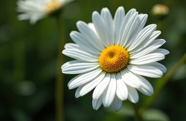 Obraz premium Close up photo of white daisy flower with yellow center. Beautiful flower petals in bloom. Nature background with green leaves. Floral artwork for eco design or garden concepts.