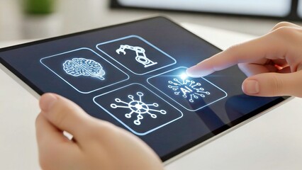 Minimalist AI Dashboard UI with Glowing Icons and Finger Selection on Soft Background