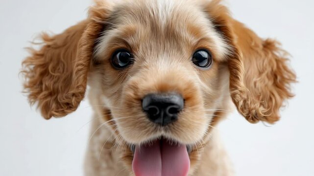 Extreme close up of a cute, fluffy english cocker spaniel puppy isolated on a white background, looking directly at the camera with its tongue out and wagging its tail happily