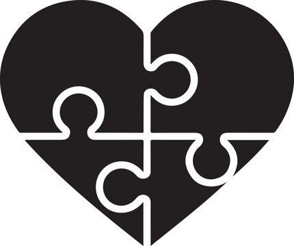 A heart shape composed of four interlocking puzzle pieces symbolizes unity, completeness, and connection