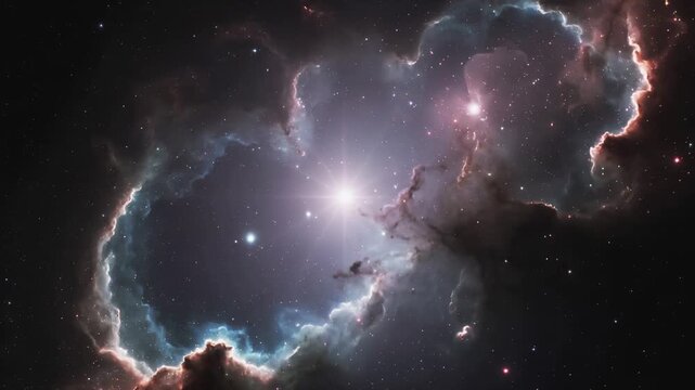 Cosmic nebula with glowing central star and colorful gas clouds. Panning camera movement across deep space.