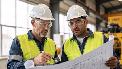 Two engineers in hard hats reviewing a blueprint in a factory. Construction workers collaborating on a project plan