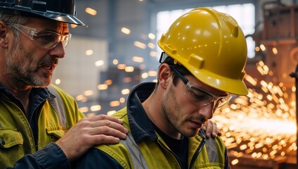 Senior worker mentoring a young apprentice in a factory. Supervisor providing guidance and support to a new employee. On-the-job training and workplace safety concept