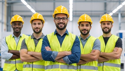 Team of confident factory workers standing together with arms crossed. Diverse group of male engineers in hard hats and safety vests smiling at the camera. Industrial workplace portrait