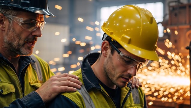 Senior worker mentoring a young apprentice in a factory. Supervisor providing guidance and support to a new employee. On-the-job training and workplace safety concept