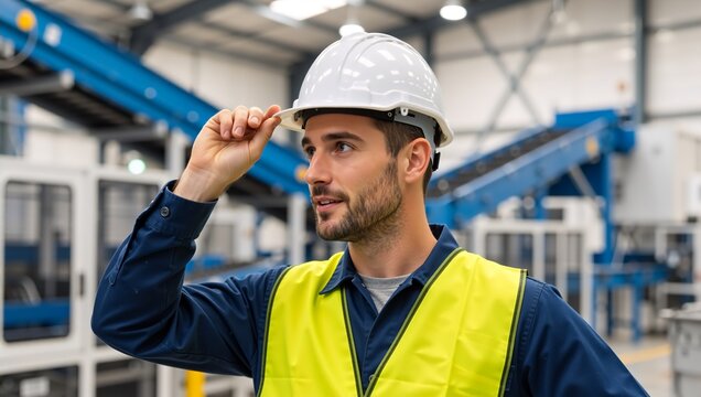 Confident industrial worker wearing a hard hat and safety vest in a factory. Portrait of a young male engineer on a modern manufacturing plant floor - Powered by Adobe