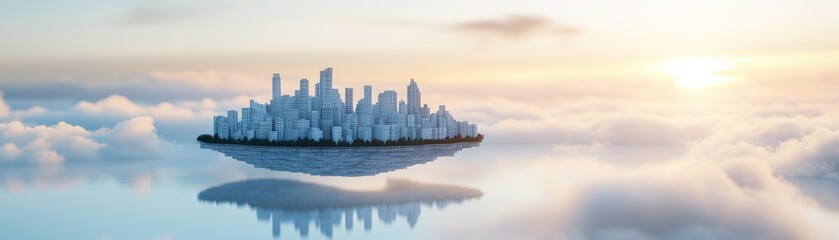 Obraz premium Floating City Skyline Reflecting on Water Amongst Clouds at Sunset,dreamscape ,utopia