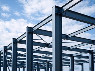 Naklejka premium Steel framework of a building under construction. Industrial architectural structure with metal beams against a blue sky