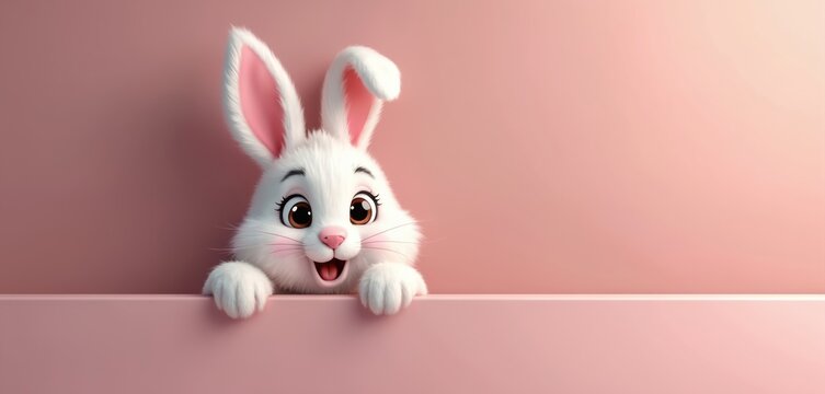 Cute Easter bunny illustration peeks over pink wall. Fluffy rabbit cartoon character with space for text. Happy festive design perfect for holiday greetings, ads and seasonal decor for kids products.