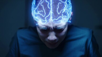 Concentrated young man with glowing digital brain overlay. Intense mental activity and cognitive enhancement. Lockdown medium shot.