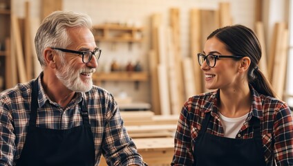 Senior carpenter and young female apprentice smiling at each other in a workshop. Happy father and daughter working together in a family woodworking business. Mentorship and craftsmanship concept