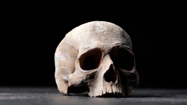 Prehistoric human skull rotating slowly on a dark, reflective surface, showing the detailed fossilized texture and anatomical features under dramatic lighting against a solid black backdrop
