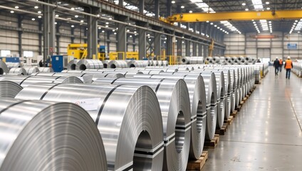 Rows of shiny steel coils in a large industrial factory. Metal sheet rolls for manufacturing and production. Heavy industry and raw material storage