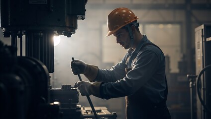 Skilled factory worker operating an industrial machine. Male engineer in a hard hat focused on precision manufacturing in a workshop