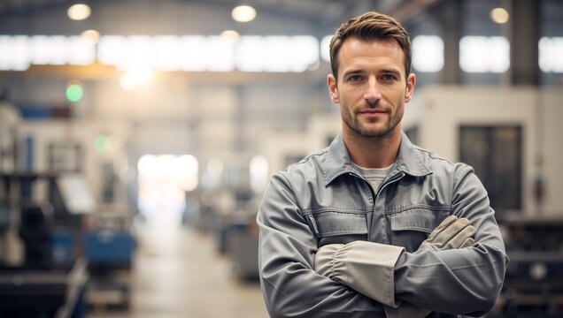 Portrait of a confident male factory worker with arms crossed. Professional engineer in an industrial manufacturing plant with copy space - Powered by Adobe