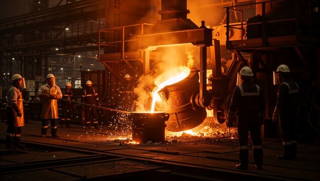 Pouring molten metal in a steel mill with workers in protective gear. Heavy industry, manufacturing, and metallurgy process in a foundry