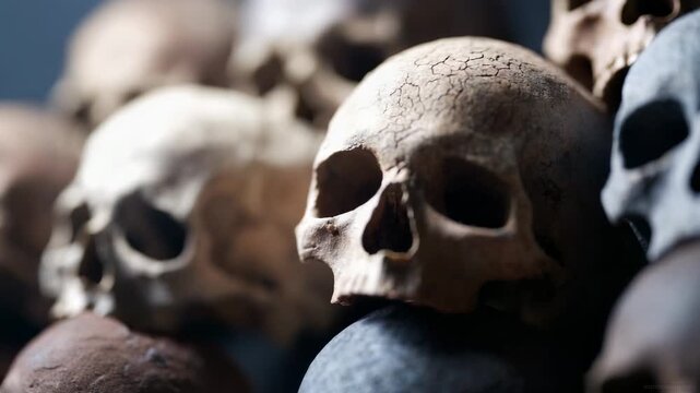 Somber scene showing a large pile of ancient human skulls stacked in rows, representing concepts of death, mortality, and history in a dark, mysterious, and macabre underground environment