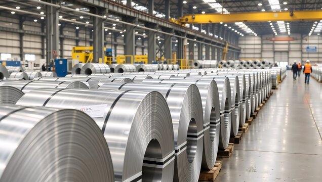 Rows of shiny steel coils in a large industrial factory. Metal sheet rolls for manufacturing and production. Heavy industry and raw material storage - Powered by Adobe