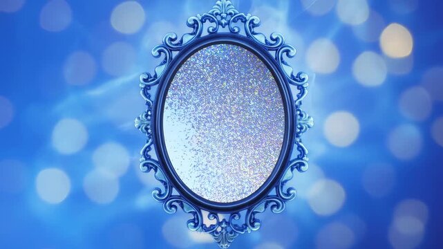 Elegant blue framed mirror sparkles against bokeh background with shifting highlights