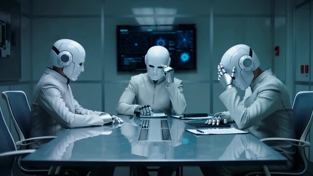 Artificial intelligence robots having business meeting in futuristic office. Humanoid androids sitting at conference table reviewing documents. Wide shot with diagonal panning and vertical tilting.