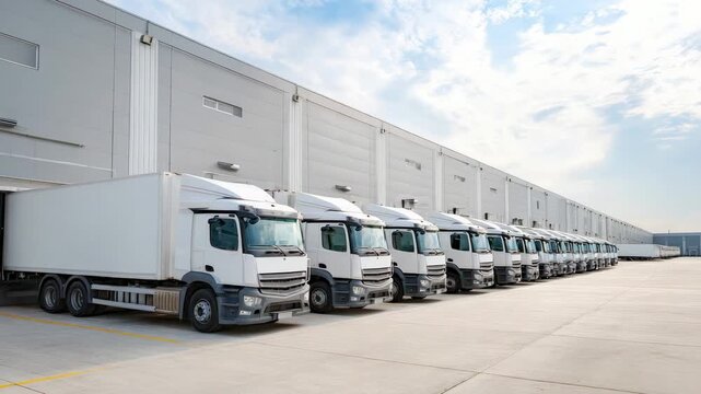 Long row of white transport trucks parked at a large industrial warehouse loading bay, preparing for cargo delivery and freight distribution under a partly cloudy sky during the day