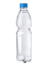 Plastic water bottle with hydrating liquid and blue cap