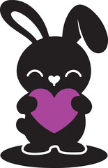 Valentine rabbit silhouette holding pink heart minimalist vector clipart illustration