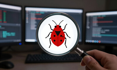 magnifying glass lens shines bright dimly lit room focusing prominent red bug icon cluttered backdrop stacked computer