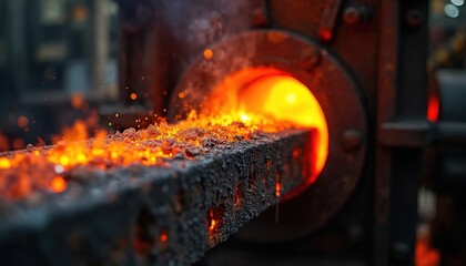 Close up of molten steel bar glowing hot in industrial furnace. Metal production process in forge. Heavy industry material fabrication and fiery manufacturing.