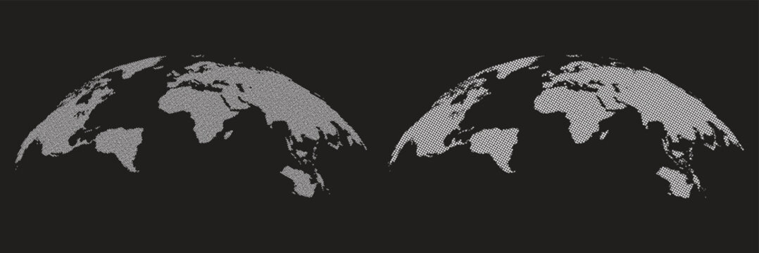 World map earth globe with dot pattern. 3d worldwide global icon, halftone pixel texture, isolated worldmap. Vector international business, travel abstract political concept 
