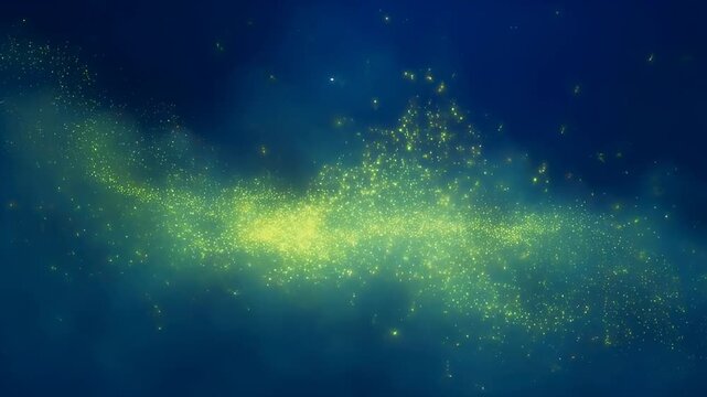 Glowing particle swarm in gentle motion against a cosmic blue background