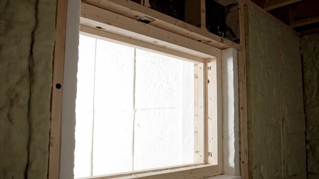 Interior of an unfinished basement with an exposed wooden frame, insulation made of mineral wool, and a recently added window frame as part of a home improvement project