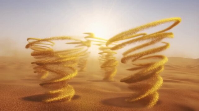 Dynamic desert dust devils swirling in golden sunset