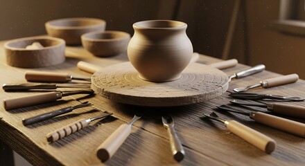 Potter's workspace with clay pot and various tools on wooden table